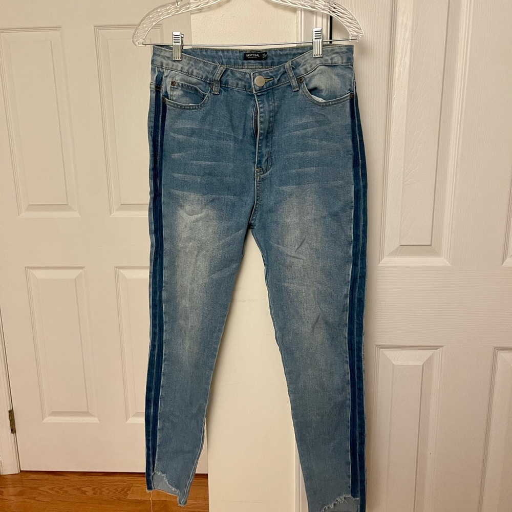 Nastygal Blue Medium Wash Skinny Jeans Raw Edge with Dark Wash Detail US8